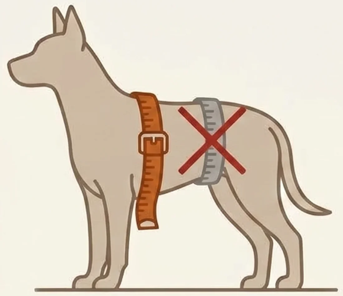 Cinta métrica rodeando el tórax justo detrás de las patas delanteras, la posición correcta; más atrás, sobre la barriga, es la incorrecta.